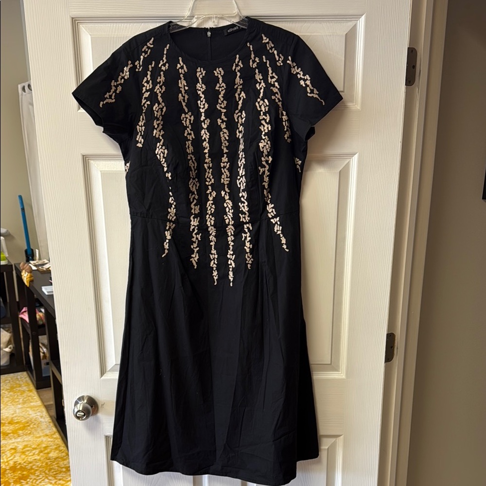 eShakti Black A-Line Midi Dress with Gold Embroidery